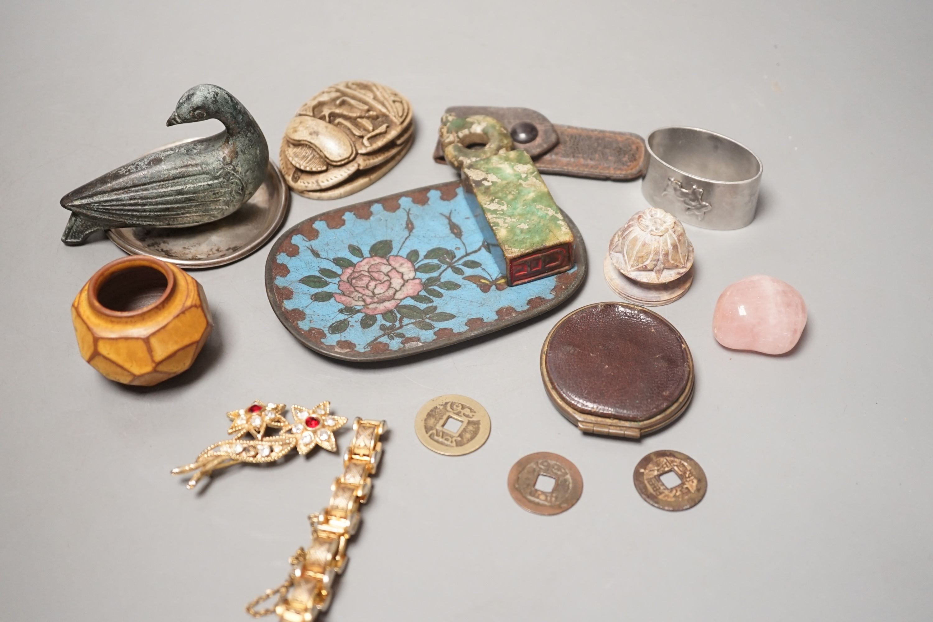 A group of miscellaneous objects to include Chinese coins, Brevete case, blue enamel plate, 12cm, and other items